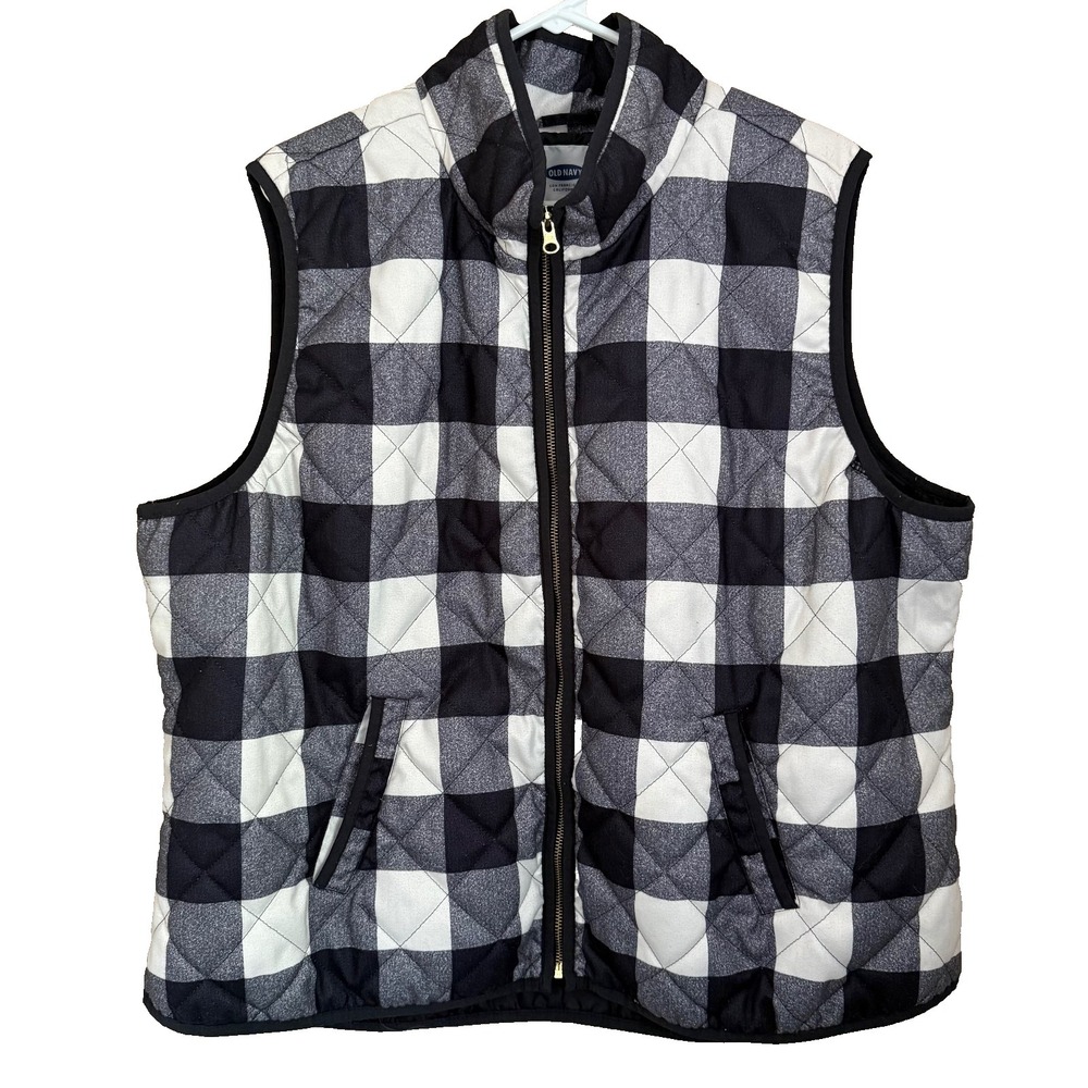 Old Navy Black White Buffalo Check Plaid Puffer Vest XXL Quilted Zip Layer Cabin
